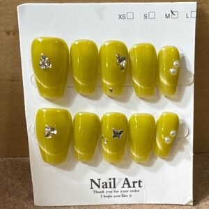 Chartreuse Green Cat Eye Press On Nails Coffin Medium Butterfly Pearl Rhinestone